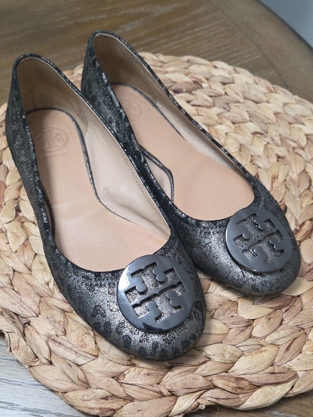 Tory Burch Luisa Anthracite Metallic Cheetah Print Ballet Flats - Size 8